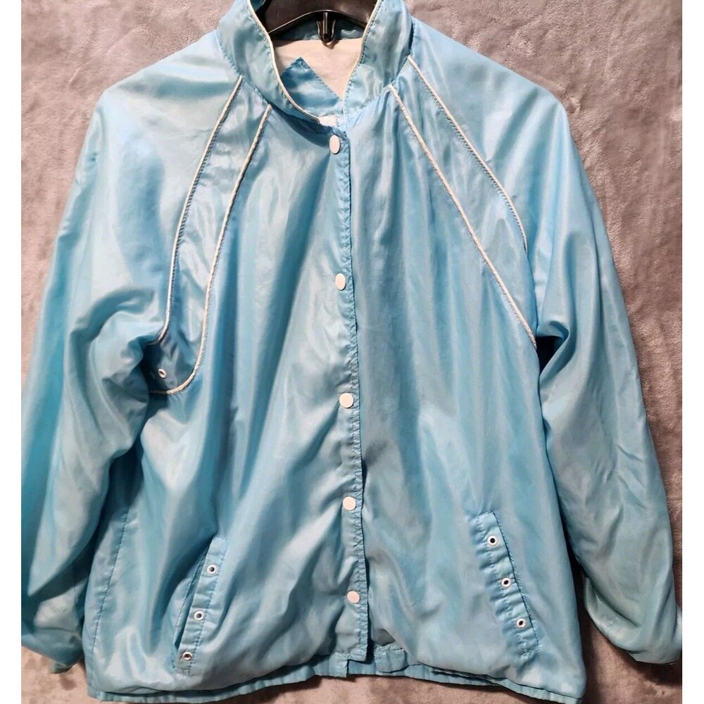Vintage Windy Weather Jacket Adult L Blue Zip Up Hood Coat Wind 80s Grandma
